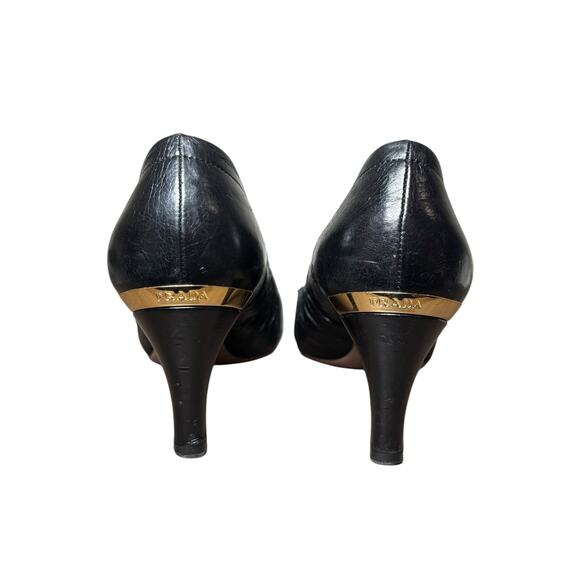 PRADA Peep Toe Heels Women 37.5 Black Leather Classic Luxury Vintage Pinup Logo - Picture 10 of 16